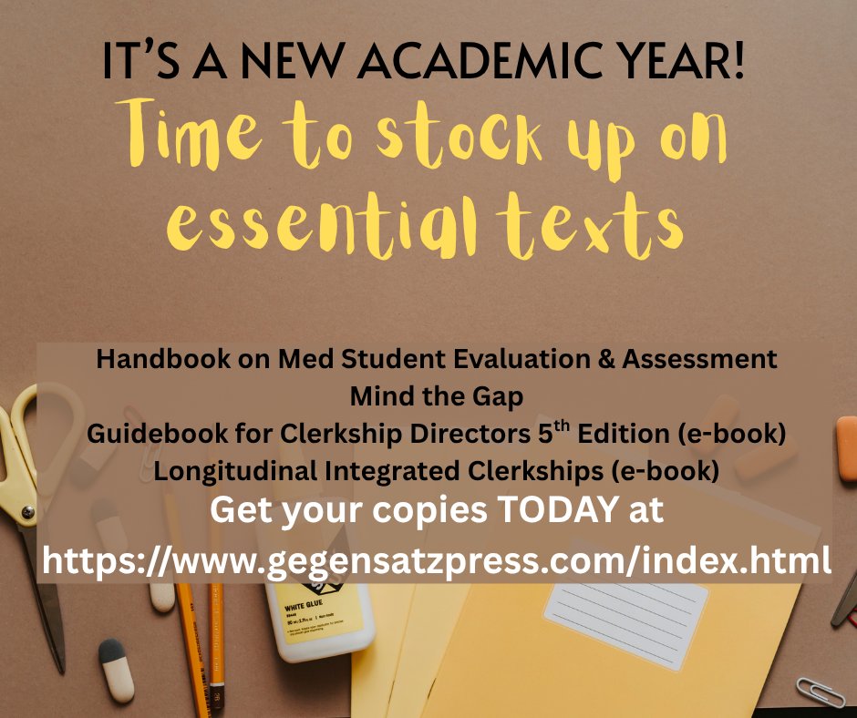 Alliance4ClinEd (@alliance4clined) on Twitter photo #MedEd New Academic Year beginning! Do you have your essential reading in place?
Don't miss out on resources to help the #meded ucator!
gegensatzpress.com/gp-35b.html (Handbook)
gegensatzpress.com/gp-46.html (Mind the Gap)
gegensatzpress.com/gp-24b.html (Guidebook)
gegensatzpress.com/gp-42.html (LIC) #MedEd New Academic Year beginning! Do you have your essential reading in place?
Don't miss out on resources to help the #meded ucator!
gegensatzpress.com/gp-35b.html (Handbook)
gegensatzpress.com/gp-46.html (Mind the Gap)
gegensatzpress.com/gp-24b.html (Guidebook)
gegensatzpress.com/gp-42.html (LIC)