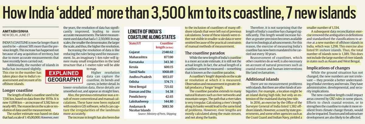 imRavikantYadav's tweet image. How India &apos;added&apos; more than 3500 km to its coastline, 7 new islands

:Explained by Sh Amitabh Sinha

#India #Coastline 📈
#DataReconciliation #CoastlineParadox #Islands #Onshore #Offshore
#geography 
#Gujarat #Maharashtra 

#UPSC 

Source: IE