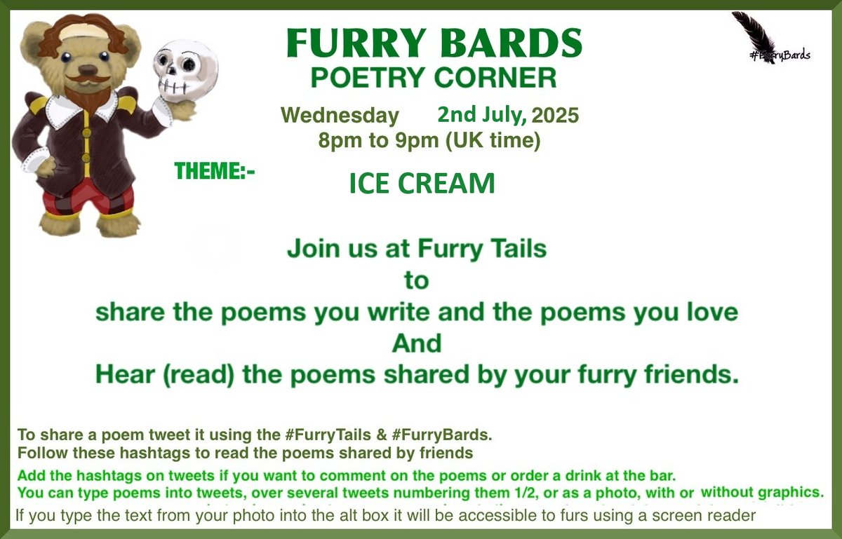Codswallop T Bear OO8 🐻 - Parody (@codsybear) on Twitter photo This Wednesday is #furrybards at #furrytails usual time 8pm - This month's theme is Ice Cream. See you all there
<a href="/MillieOTLFP/">Millie🐾🌈Run free Bestie PixieTooth🐾🌈</a>
<a href="/SteveStuffie/">Stuffie_Steve 🧡 🇺🇦</a>
<a href="/Deadlysecret007/">Ginger & Romeo,</a>
<a href="/PicklesBottom/">PicklesBottom 👑 #BelieveInTzuKingdom #BeKind 👑</a>
<a href="/chomper_TC/">chomper b 🇺🇦</a>
<a href="/DaBearsDimints/">DaBearsDimints</a>
<a href="/brombelbeer1/">Brombelbeer</a>
<a href="/LilDeanoBear/">Lil Deano Bear 🇬🇧</a> This Wednesday is #furrybards at #furrytails usual time 8pm - This month's theme is Ice Cream. See you all there
<a href="/MillieOTLFP/">Millie🐾🌈Run free Bestie PixieTooth🐾🌈</a>
<a href="/SteveStuffie/">Stuffie_Steve 🧡 🇺🇦</a>
<a href="/Deadlysecret007/">Ginger & Romeo,</a>
<a href="/PicklesBottom/">PicklesBottom 👑 #BelieveInTzuKingdom #BeKind 👑</a>
<a href="/chomper_TC/">chomper b 🇺🇦</a>
<a href="/DaBearsDimints/">DaBearsDimints</a>
<a href="/brombelbeer1/">Brombelbeer</a>
<a href="/LilDeanoBear/">Lil Deano Bear 🇬🇧</a>