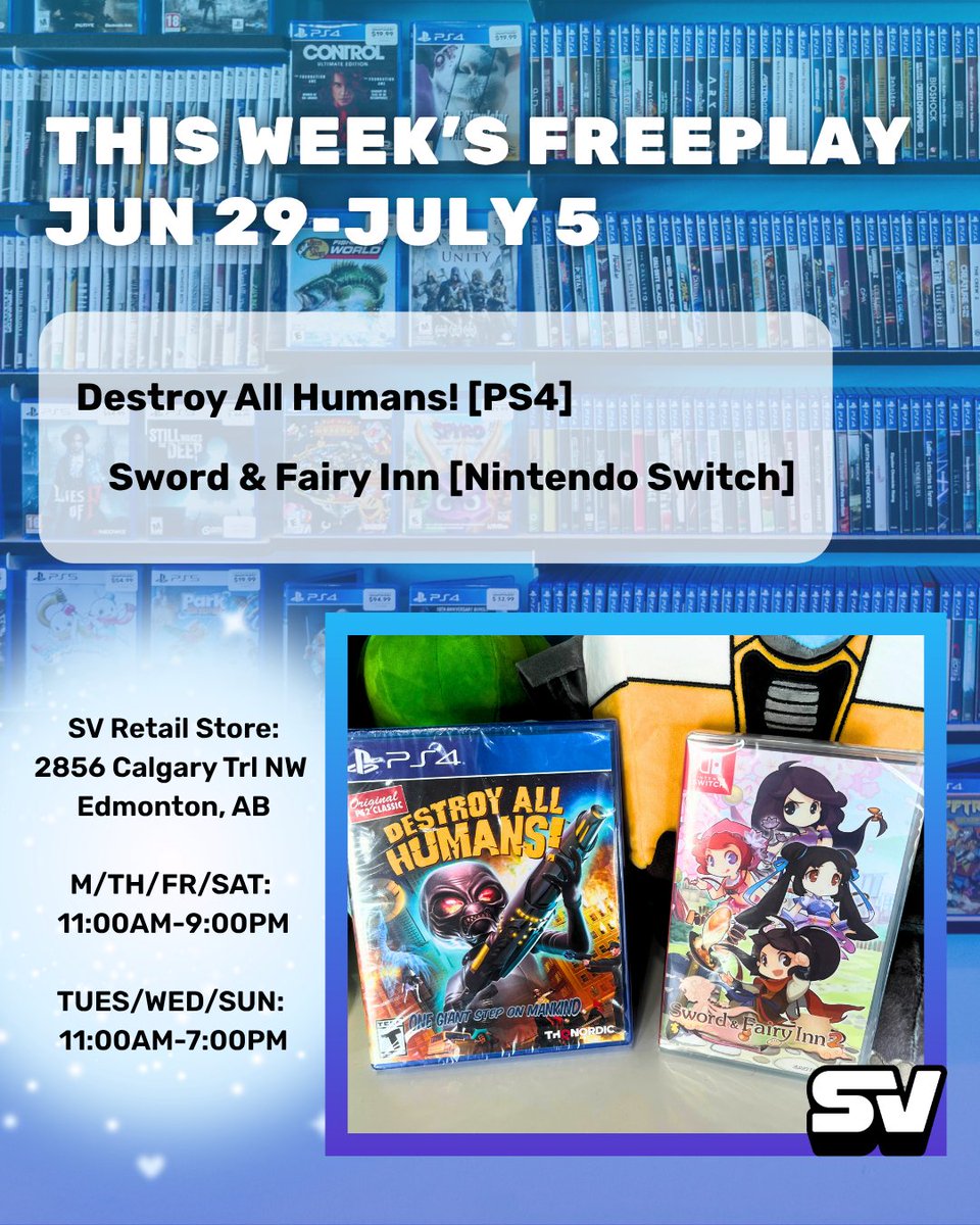 MyShopville's tweet photo. This week you can try out Destroy All Humans on the PS4 and Sword & Fairy Inn on the Nintendo Switch!
📍2856 Calgary Trl NW, Edmonton, AB T6J 6V7
#yeg #edmonton #yeglocal #edmontonlocal #thingstodo #yegthingstodo #edmontonthingstodo #freeplay #gamestore https://t.co/x3Kr0jOYch