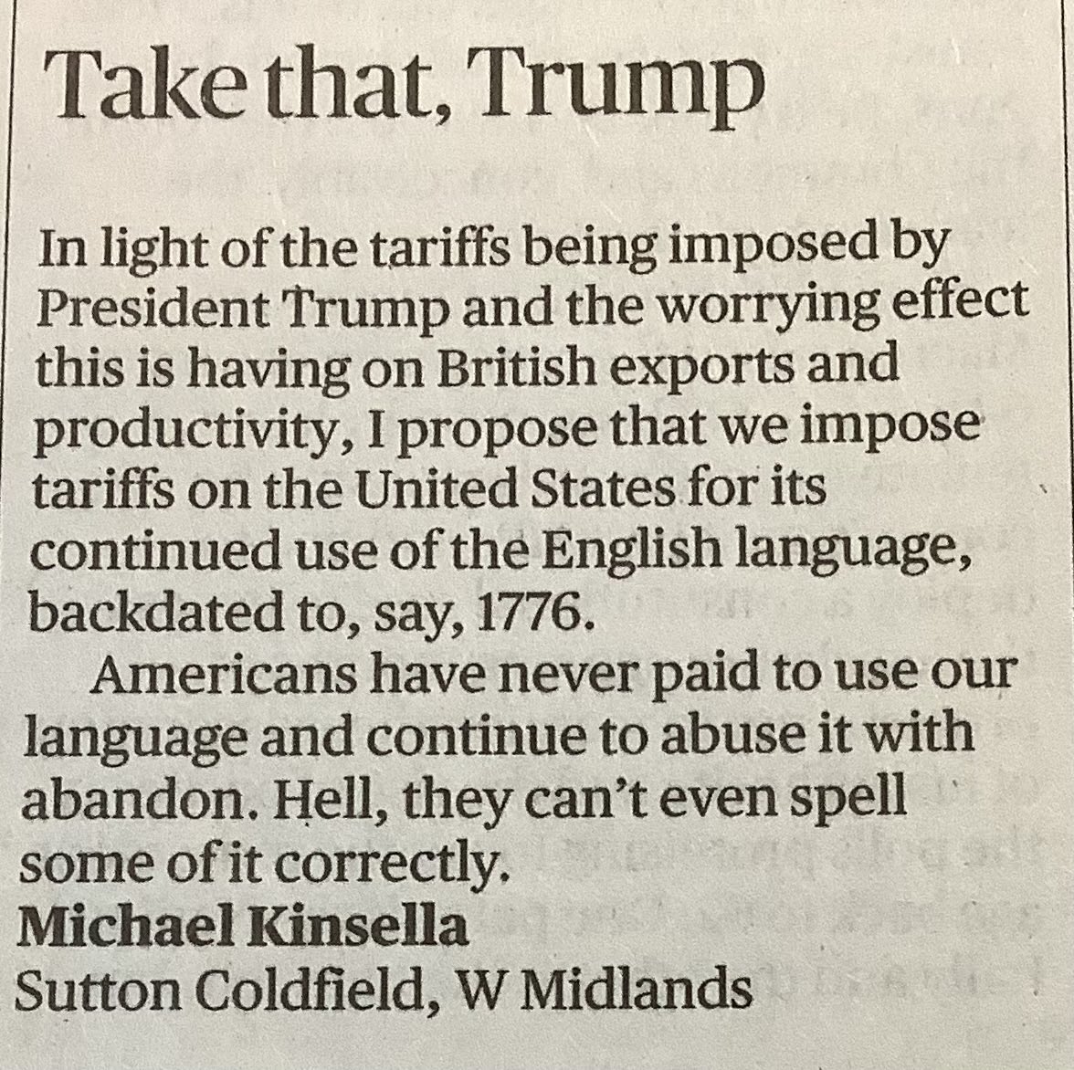 Letter from today’s Times