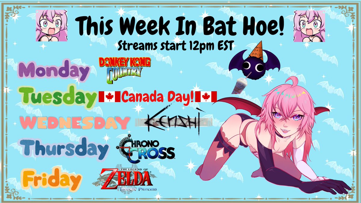 HOLY POOP WE GOT A NEW KIND OF A SCHEDULE! Y'ALL ARE SO HOT, AND IT'S NOT JUST THE SUMMER~✨🦇

Come say Hi this week! ⬇️⬇️⬇️
twitch.tv/daisychiroptera

#vtuber #vtubers #ENVtubers #cute #bats #DonkeyKongBananza #Kenshi #chronotrigger #chronocross #zelda #TwilightPrincess