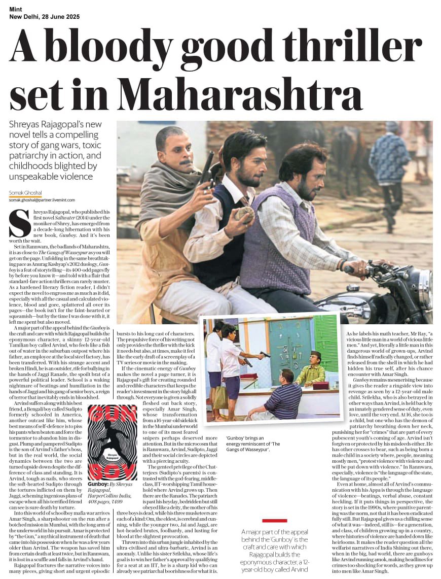 HarperCollinsIN's tweet photo. ‘#ShreyasRajagopal's new novel, #Gunboy, tells a compelling story of gang wars, toxic patriarchy in action, and childhoods blighted by unspeakable violence’
Read @somakghoshal’s review in @livemint: https://t.co/UEvdVNwdPm
#READWithHarperCollins https://t.co/DWXaFwz6Qx