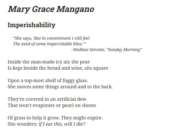 New Verse Review (@newversereview) on Twitter photo Here are the opening lines of one my favorite poems from the "Poets of the University of St. Thomas" special issue, a poem of clear images and philosophical depth in conversation with Wallace Steven by Mary Grace Mangano (<a href="/MG_Mangan0/">Mary Grace Mangano</a>) Here are the opening lines of one my favorite poems from the "Poets of the University of St. Thomas" special issue, a poem of clear images and philosophical depth in conversation with Wallace Steven by Mary Grace Mangano (<a href="/MG_Mangan0/">Mary Grace Mangano</a>)