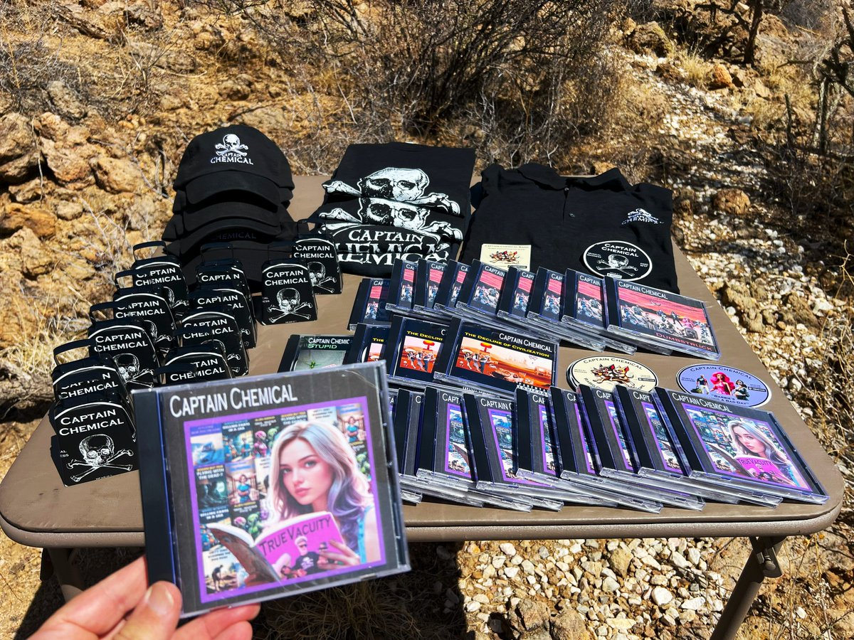 The countdown ends: NEW ALBUM DROPS OVERNIGHT!
The Captain Chemical merch table looks good with the addition of CDs for our EP True Vacuity. The album streams everywhere starting Monday 30 June. The CD version includes two bonus tracks. Don't miss the high energy musical madness!