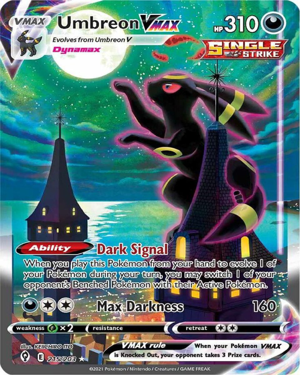 Pokémon fans! 🔥 Wife’s Card of the Day: Umbreon VMAX (Alt Art) - Evolving Skies 💸 ~$790! Moon-booping art 😍 &amp; Dark Signal swaps opponent’s Pokémon. 310 HP, 160 DMG. Perfect for Dark or Eevee decks! Your fave? 👇 #PokemonTCG #UmbreonVMAX
