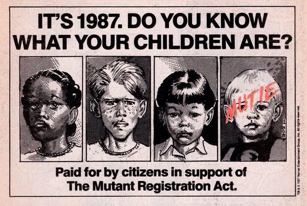 comicbookaddt's tweet photo. For today's #SundayThrowback, let's reflect on this unforgettable "It's 1987. Do you know what your children are?" ad. This really hit different. What are your most vivid memories of the Mutant Registration Act storyline from the X-Men comics? #XMen #Marvel #ComicBookHistory #Mutants