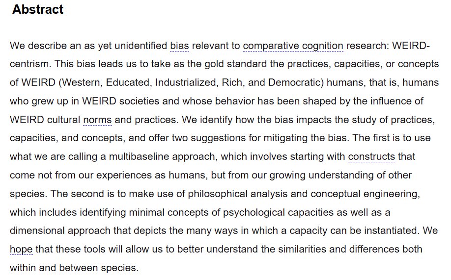 👋🏽Our colleague Susana Monsó, together with Kristin Andrews, has published a new paper in the Journal of Comparative Psychology, entitled 'Does comparative cognition have a WEIRD problem?' More info here ➡️ psycnet.apa.org/fulltext/2026-…
