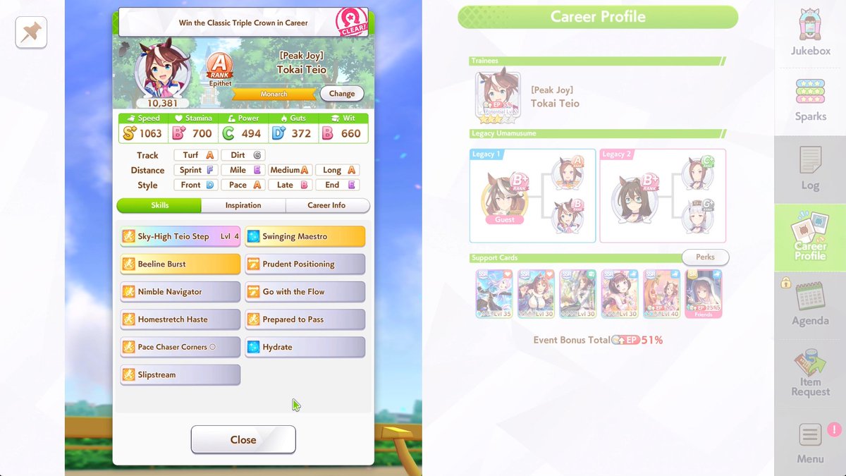 SwiftShadowSR's tweet photo. Gonna start horsegirl posting on this account because I'm addicted to Umamusume. Got my first A rank today and it's my favorite character Tokai Teio! Slowly starting to get more used to playing URA with the cards available right now. https://t.co/waKgR214FI