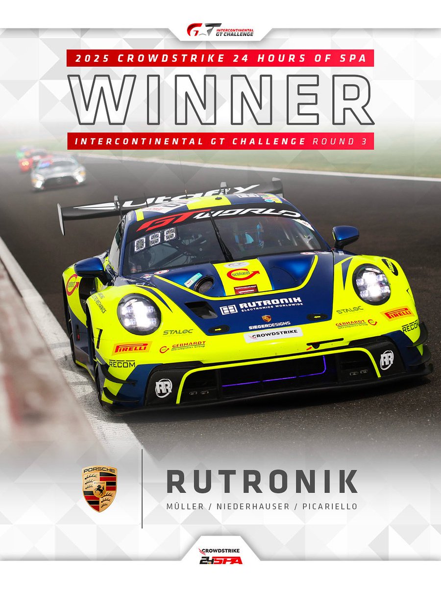 IntercontGTC's tweet image. P2 overall and #IGTC victory for Porsche!
Rutronik couldn’t quite score Stuttgart’s first #Spa24H win since 2020 but Alessio, Patric and Sven made Lamborghini’s triumphant crew work for it after vaulting into serious contention on Sunday morning.