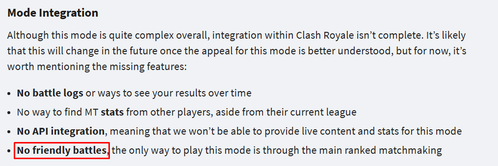 Pack it up.

No friendly battles and all cards are linked to clash royale meaning lvl 15 is the maximum card level. I take back everything i said on the previous tweet