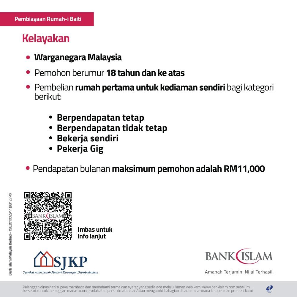 Pembiayaan Perumahan Bank Islam di bawah Skim Jaminan Kredit Perumahan (SJKP).

#SJKP
#PembiayaanPerumahan