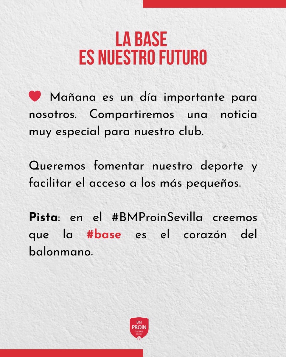 ❤️ Mañana es un día importante para nosotros. Compartiremos una noticia muy especial para nuestro club.
Queremos fomentar nuestro deporte y facilitar el acceso a los más pequeños.

Pista: en el #BMProinSevilla creemos que la #base es el corazón del balonmano.