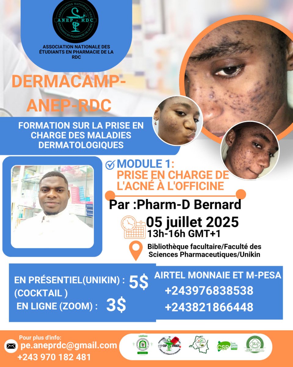 Bernardo IL. PhD (@ilungabernard10) on Twitter photo 🧑⚕️Chers médecins,infirmiers et pharmaciens, nous vous invitons à une formation axée sur la prise en charge de l'acné. La formation se tiendra le 05 juillet 2025 à <a href="/Unikinrdc/">Université de Kinshasa-UNIKIN</a> à la prestigieuse faculté de pharmacie 📍🩺 👇 🧑⚕️Chers médecins,infirmiers et pharmaciens, nous vous invitons à une formation axée sur la prise en charge de l'acné. La formation se tiendra le 05 juillet 2025 à <a href="/Unikinrdc/">Université de Kinshasa-UNIKIN</a> à la prestigieuse faculté de pharmacie 📍🩺 👇