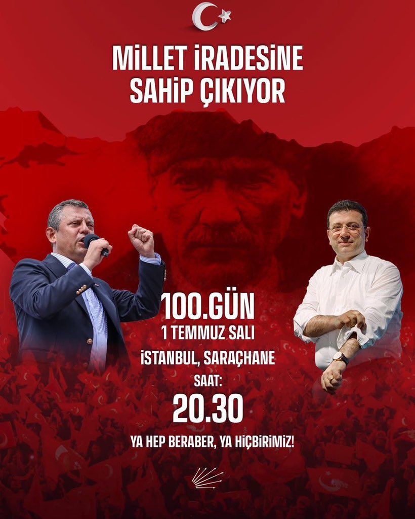 Cengiz Gökçel (@cengiz_gokcel) on Twitter photo 19 Mart darbesinin 100. gününde Saraçhane’de buluşuyoruz!
Susmayacağız, sinmeyeceğiz, biz kazanacağız!
#100Karası
🗓️ 1 Temmuz Salı
⏰ 20.30
📍Saraçhane
<a href="/eczozgurozel/">Özgür Özel</a> 19 Mart darbesinin 100. gününde Saraçhane’de buluşuyoruz!
Susmayacağız, sinmeyeceğiz, biz kazanacağız!
#100Karası
🗓️ 1 Temmuz Salı
⏰ 20.30
📍Saraçhane
<a href="/eczozgurozel/">Özgür Özel</a>