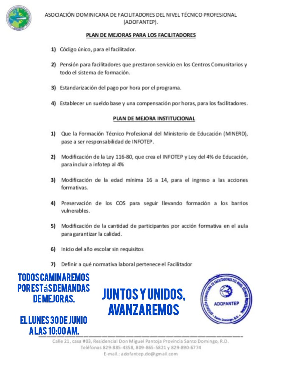 adofantep's tweet photo. Los Facilitadores caminarán desde la Máximo Gómez hasta el edificio Administrativo del INFOTEP.
En busca de respuestas al Plan de Mejoras entregado al Presidente Luis Abinader y al Director Rafael Santos, hace más 4 años.

Mañana 30 de junio, a las 10:00 a.m., día del Maestro. https://t.co/kgerbfBIrb