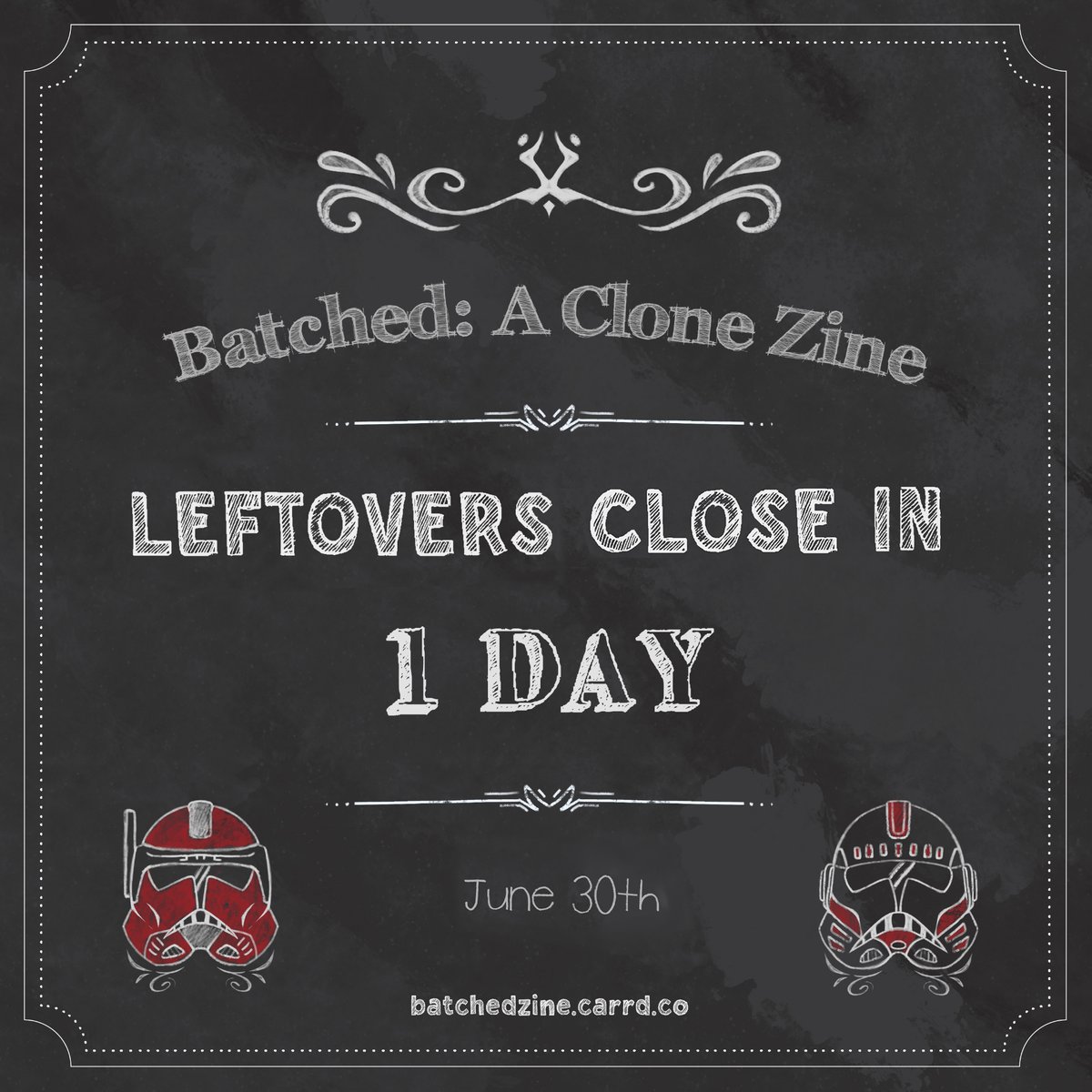 BatchedZine's tweet photo. 🍪Leftover Sales close TOMORROW🍪

Tomorrow - Monday June 30th - is the FINAL DAY to order "Batched: A Clone Zine"!

Leftover sales will close Monday June 30th at 11:59pm PST, and once those close, these items will no longer be available.

https://t.co/ugwFVVETrw

#starwars #zine https://t.co/RRsRUJQpqe