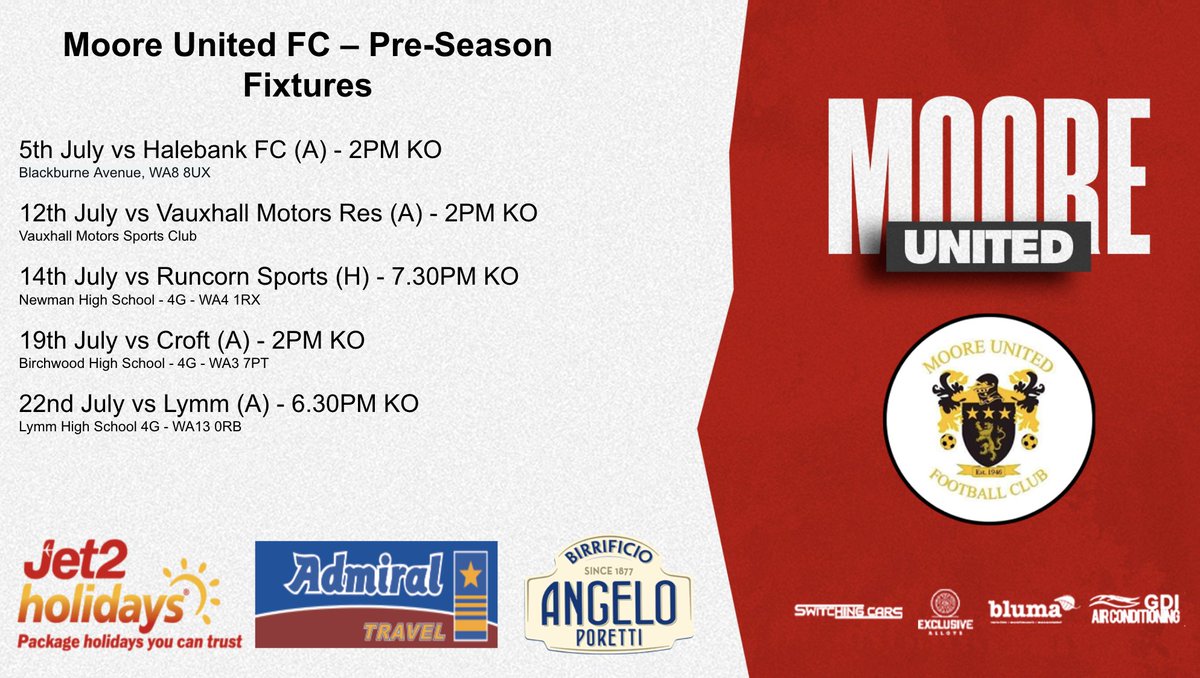 July is almost upon us and its a month of football! 

Pre Season Fixtures 

5/7 - <a href="/HalebankFC/">Halebank F.C.</a> 
12/7 - <a href="/vmfc_Res/">VAUXHALL MOTORS FC reserves</a> 
14/7 - <a href="/RuncornSportsFC/">Runcorn Sports FC</a> 
19/7 - <a href="/CroftFC1/">Croft FC</a> 
22/7 - <a href="/LymmRovers/">Lymm Rovers</a> 

<a href="/CheshireFL/">Cheshire Football League ⚽️</a>