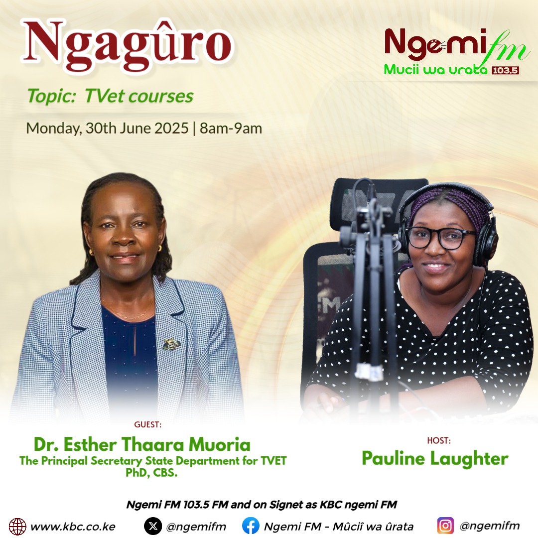 Tune in tomorrow at Ngemi FM - Mucii Wa Urata as we discuss the TVET agenda.