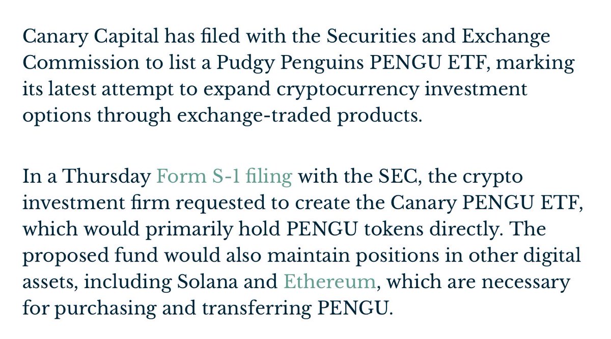 greybtc's tweet photo. Pudgy Penguins ( $PENGU) continues to surge after Canary Capital filed with the SEC for a $PENGU ETF.

Bullish news for both NFTs and memecoins. https://t.co/cLXRZ2nQkV