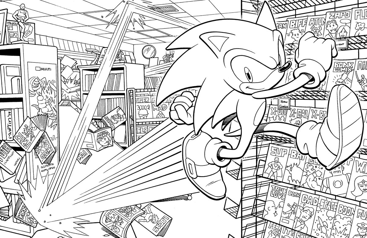 gmartinink's tweet image. Day 7 of Sonic week! I did this one for my local comic book shop to promote their Free Comic Book Day event. (Check out the new comics rack for the latest issue of "Biff".)