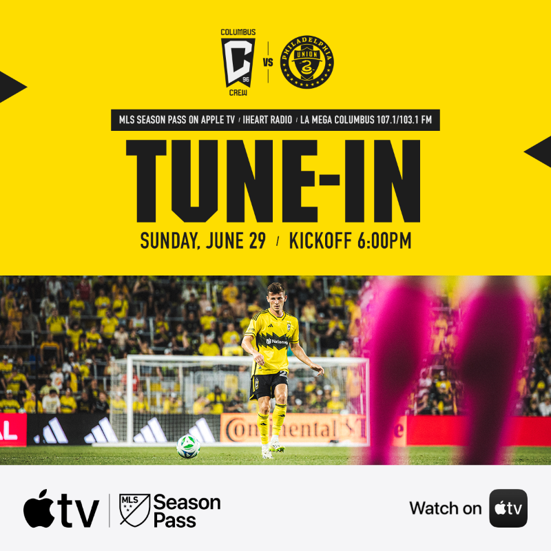ColumbusCrew's tweet photo. This Week’s Final Act 🎬 

Watch on @AppleTV 
📻: @1057alt, La Mega Columbus 107.1/103.1 FM 

#Crew96 | #CLBvPHI