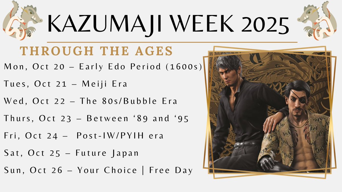 kazumajiweek's tweet image. Welcome to KazuMaji Week 2025! This year's theme is: Through the Ages! ππβ¨
#kazumaji #kazumajiweek #kazumajiweek2025 Kazuma Kiryu | kazumakiryu | Kiryu Kazuma | kiryukazuma | Goro Majima | goromajima | Majima Goro | majimagoro | yakuza | likeadragon | Like a Dragon | rgg