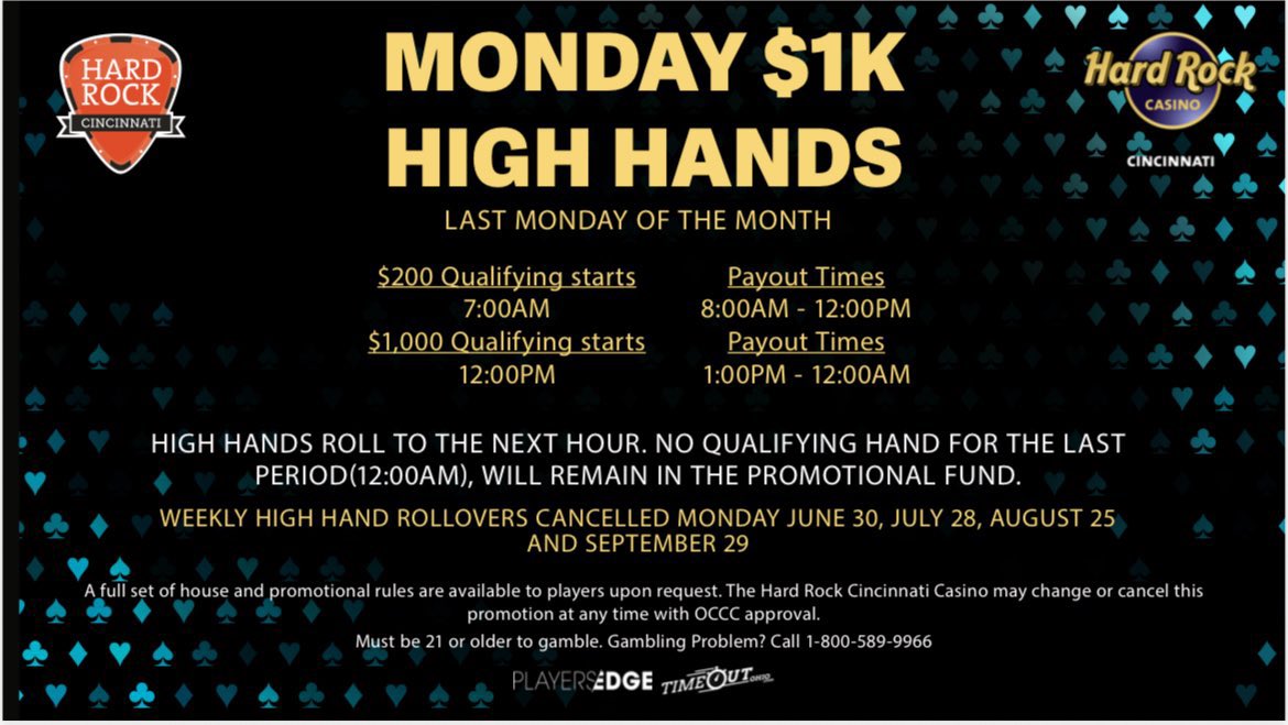 PokerCincinnati's tweet image. $1,000 High Hands begin tomorrow 06/30/25. See poker room for additional details.