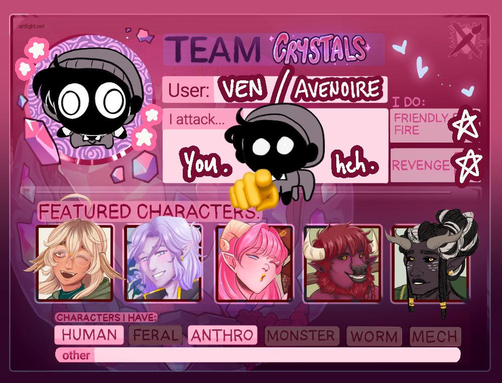 i totally did not procrastinate… 
👁️👁️💦
🏃‍♂️💨
it’s my first time participating, i will try to attack/revenge as often as possible 🙏❤️‍🔥

🔗 artfight.net/~avenoire 

#artfight | #artfight2k25 | #teamcrystals