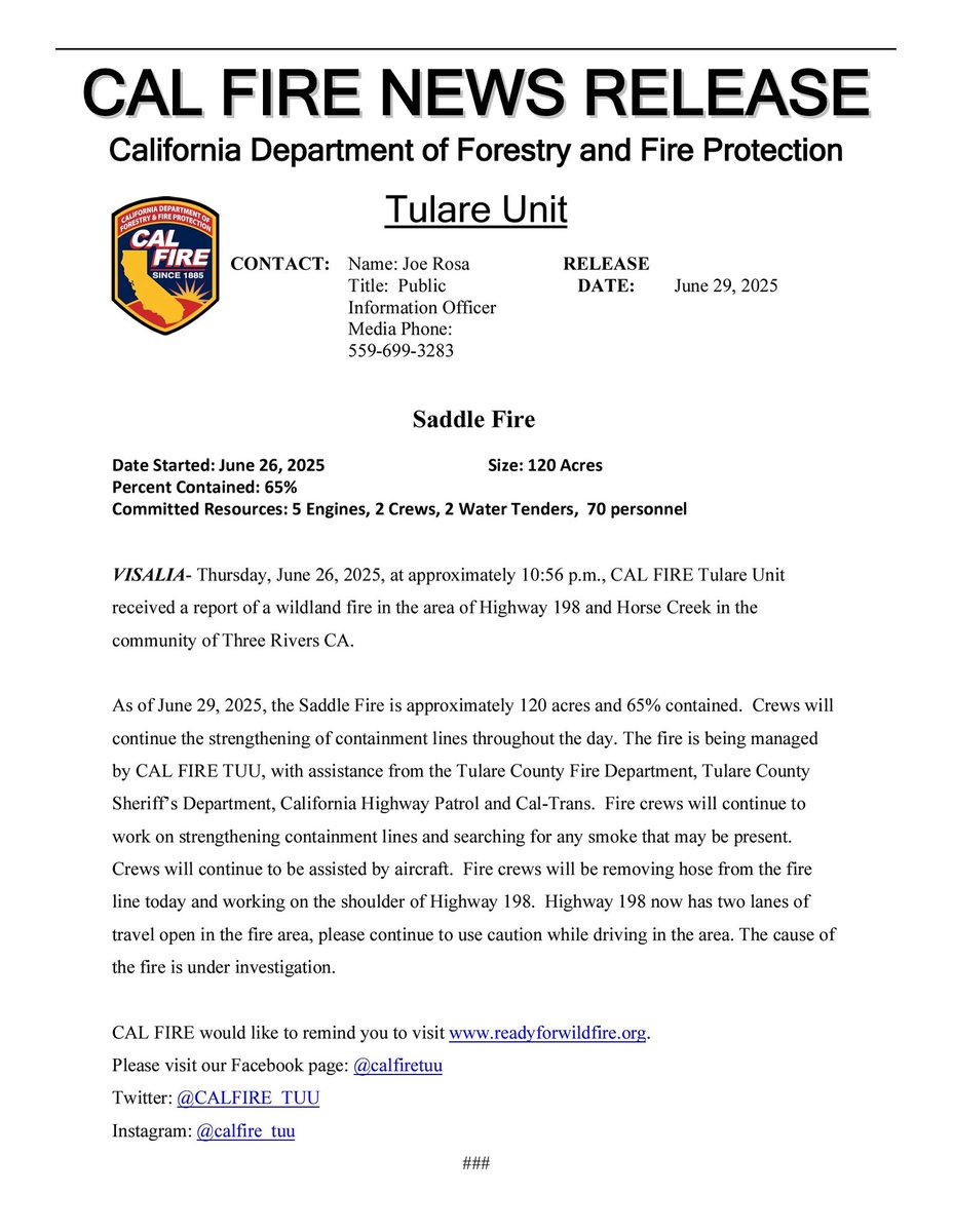 CALFIRE_TUU's tweet photo. Incident Update: The #SaddleFire is at approximately 120 acres, with 65% containment.
The cause of the fire is under investigation.
Read the attached press release for more information.
#CALFIRE #WildlandFire #TulareCounty https://t.co/NjlDeJzBoV