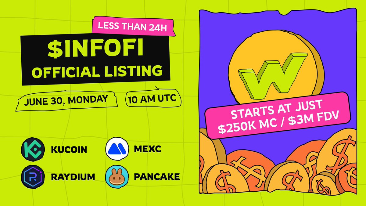 🚨 Less than 24h until $INFOFI goes LIVE!

June 30, 10:00 AM UTC
⛓️ Solana &amp; BSC
💎 $250K initial cap | $3M FDV
📈 Listed on big exchanges

10 days after: platform, sticker market, partner rewards, new CEXs!

All powered by <a href="/WagmiHub/">WAGMI HUB</a> 💎
Don’t miss the wave! 🚀✨