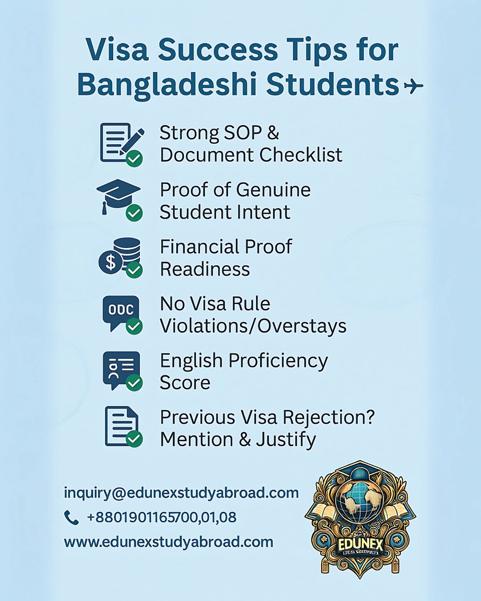 edunexstudyab's tweet image. 🎯 Top Visa Tips for Bangladeshi Students!
Boost your visa chances with:
✅ Strong SOP
✅ Financial Proof
✅ Clean Travel History
✅ IELTS/TOEFL
✅ No fake documents

EduNex helps you prep with confidence.
#VisaSuccess #StudentVisaTips #BangladeshiStudents #EduNexBD #StudyAbroad