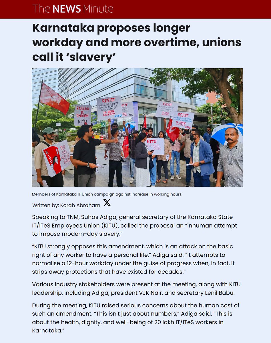 kitu_hq's tweet image. 'The News Minute' reports KITU's opposition to the #Karnataka government's move to increase the working hours of IT/ITES/BPO employees to 12 hours a day.
Resist #12hrWorkDay
@thenewsminute
