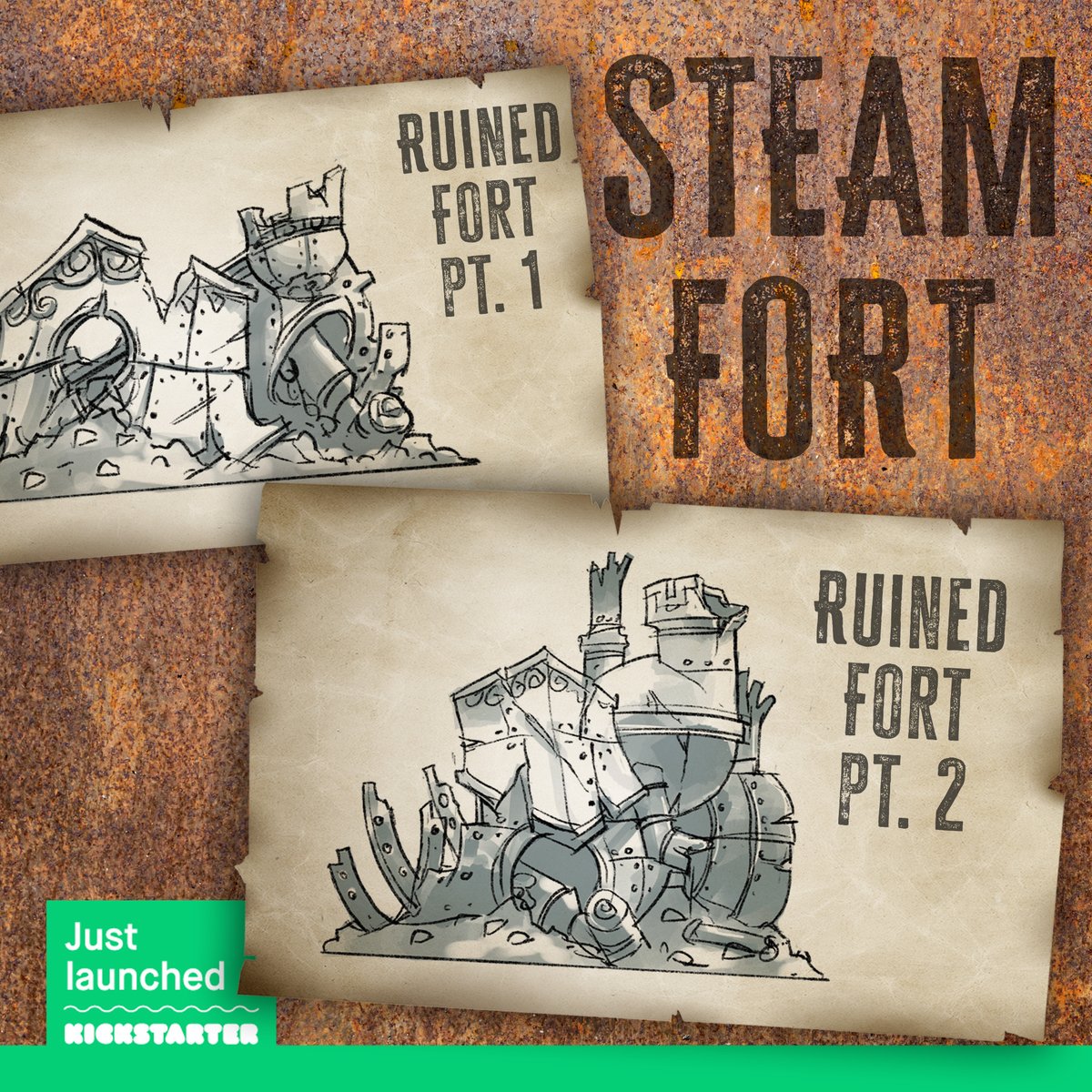 We're at the half way point with Steam Fort on Kickstarter, and two new stretch goals have just been revealed - yes, actual scenery in the form of 2 ruined Fort sections!  Link in bio and below 👊😈
