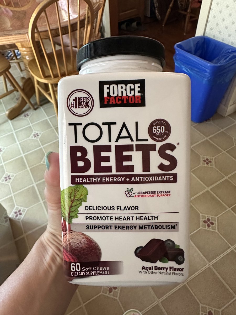 SaraNature1980's tweet photo. I finally caved and bought these and I absolutely do have more energy and less blood pressure headaches. My pressure is always high, but not high enough for prescription medicine. And they taste like Starburst. 

#beets #forcefactor https://t.co/g21aHMImFf
