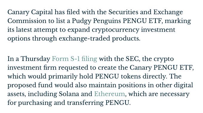 manyaaww's tweet photo. The $PENGU token by @pudgypenguins is up 76% in 7 days 🤯

And the reason is wild,

Canary Capital has filed $PENGU ETF approval with SEC.

If this gets approved (it will ofc), then $pengu is gonna be $pepe of 2025.

Bought a good bag here.

Let them penguins fly 🐧🪽 https://t.co/6uf5NvCweE