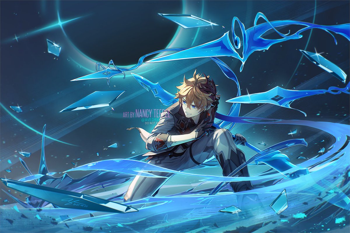 avedral's tweet image. "A Fool's Gambit" vs "Heavenly Blades"

I wanted to draw both of them together, but I didn't have time to get it done before Skirk's release.  So, I drew Skirk first, then Tartaglia mimicking Skirk's more advanced moves.

#GenshinImpact #Genshinfanart #FightLikeSkirk #Tartaglia