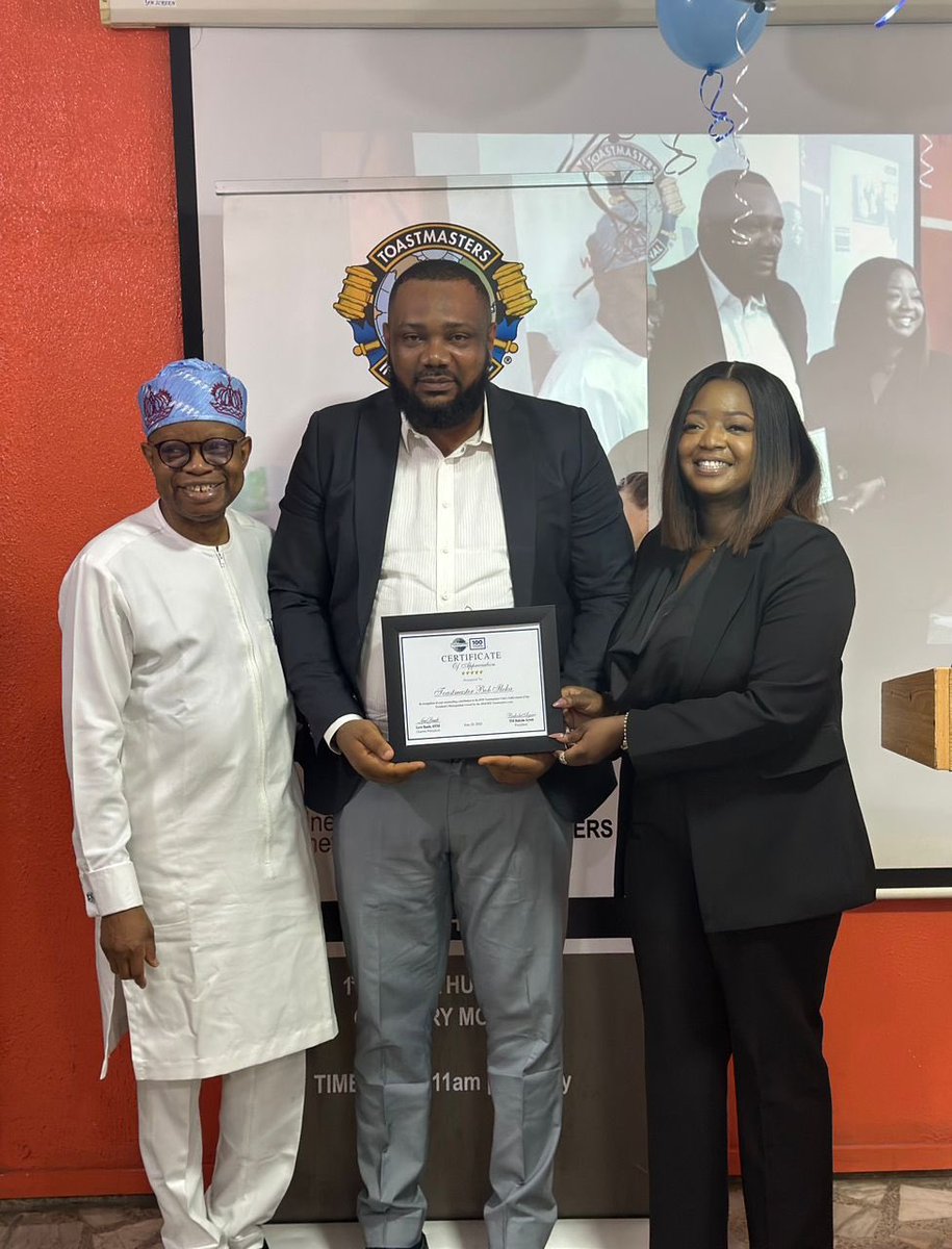 Certificate of Appreciation Presented to TM Bob Iloka, the outgoing VPE.🏆🥳🎈

Certificate presented by the Charter President, Distinguish Toastmaster Lere Baale and the outgoing President, TM Bukola Ayeni.

Congratulations and thank you for your service. 🥳🥳🥳🥳