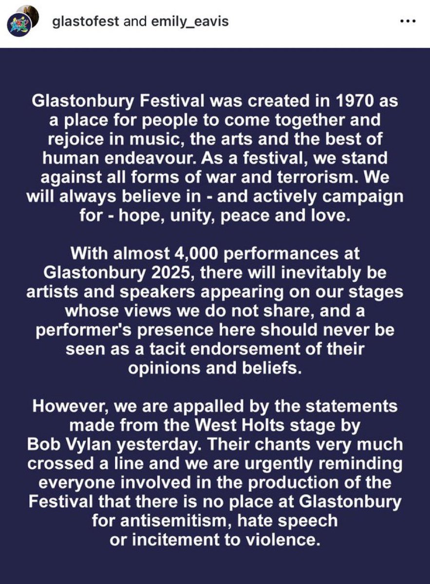soupyferns's tweet photo. Such a lame, boring, cowardly statement. The pressure must be immense but there is quite literally NOTHING antisemitic about being against a military committing genocide as we speak. SHAME ON YOUUUUU @glastonbury @emilyeavis https://t.co/MRjYBMxFri
