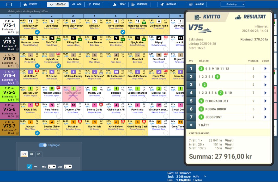 🎉V75 Katjing! 
Ett system med utgångar är både enkelt och fullt av potential. Stort grattis till en av våra kunder, som med hjälp av BT One, skapade ett vinnande system på V75 Eskilstuna igår!
BT One gör det busenkelt att spela ett V75-system.
Vill du se exakt hur det vinnande
