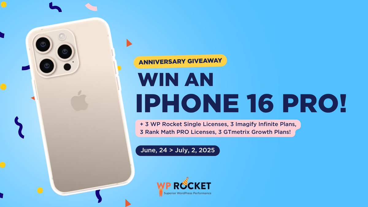 You still have a few days to enter our Anniversary giveaway and win an iPhone 16 Pro! wp-rocket.pulse.ly/dphwltk0gm

Here's how to win:
✅ Visit our giveaway page
📩 Submit your email
🎯 Complete a few simple tasks to rack up entries

The more you do, the more chances you have to