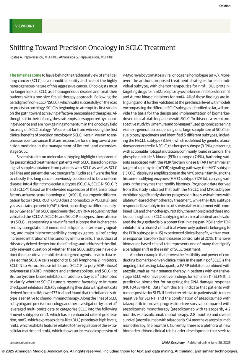 Viewpoint: Recognizing the heterogeneity of small cell lung cancer, efforts are underway to apply precision oncology through molecular subtyping and targeted therapies for tailored treatment. ja.ma/46eBXGi