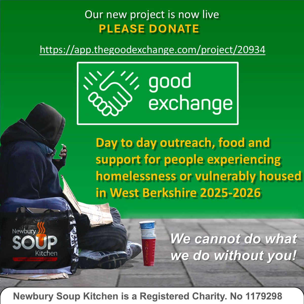 📢Our new Project is live on The Good Exchange 📢 'Day to day outreach, food and support for people experiencing homelessness or vulnerably housed in West Berkshire 2025-2026' app.thegoodexchange.com/project/20934