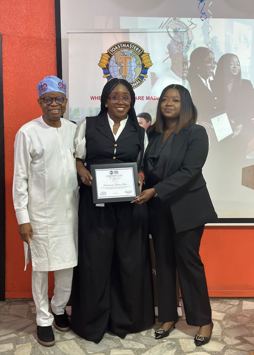 Certificate of Appreciation Presented to TM Edikan Musa, the outgoing Secretary.🏆

Certificate presented by the Charter President, Distinguish Toastmaster Lere Baale and the outgoing President, TM Bukola Ayeni.

Congratulations and thank you for your service. 🥳🥳🥳🥳