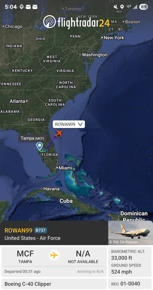 Borrowed7Time's tweet image. USAF C-40 Clipper 01-0040 #AE0945 as ROWAN99 heading out from MacDill AFB FL.
@sipjack1776
