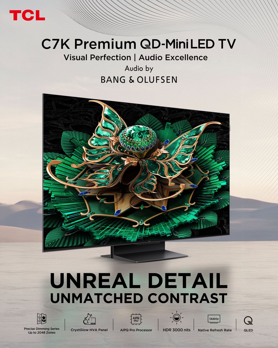 TCLPak's tweet image. Every pixel, powered to perfection 💥
With over 1,000+ local dimming zones, 4K HDR, and Ultra Contrast, the TCL C7K QD Mini LED TV takes detail to another dimension. 
See the difference. Feel the depth.

Learn more: bit.ly/3TMAeR2

 #C7K #QDMiniLED #chooseTCL