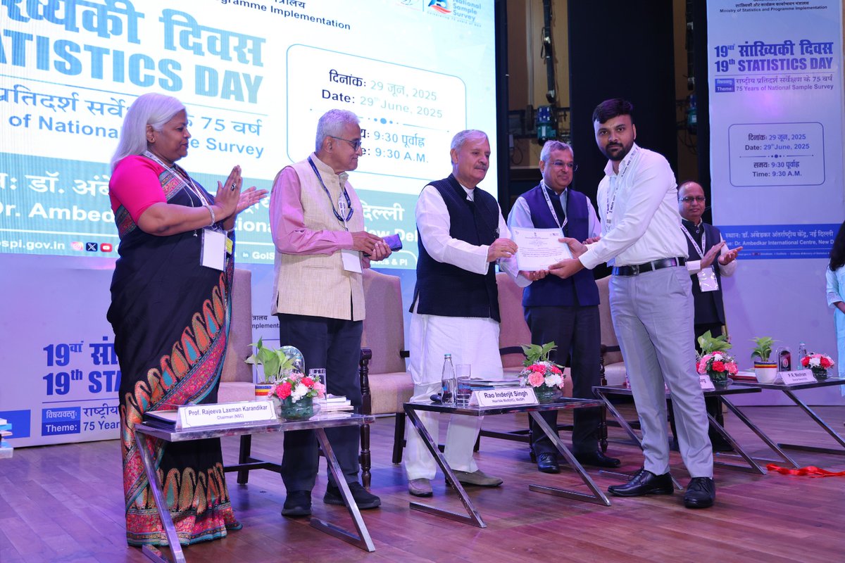 GoIStats's tweet photo. During the 19th Statistics Day celebration on 29th June 2025, the winners of Data Visualization Hackathon, organised by MoSPI, were also felicitated.
The winners of the first, second, and third prizes were felicitated at the event. Pratik R. Ugral received the first prize, followed by Pratik Rana and Shreay Kacheria with the second prize, and the third prize was awarded jointly to Ayan B. Sheikh and Sonam.
#Hackathon #datafordevelopment #datavisualisation #winners #statisticsday2025
@PMOIndia @Rao_InderjitS @_saurabhgarg @PIB_India @PibMospi @mygovindia @NITIAayog @punyashlokahilyadevi @iitbombay @PlakshaUniv @PAHSolapurUni