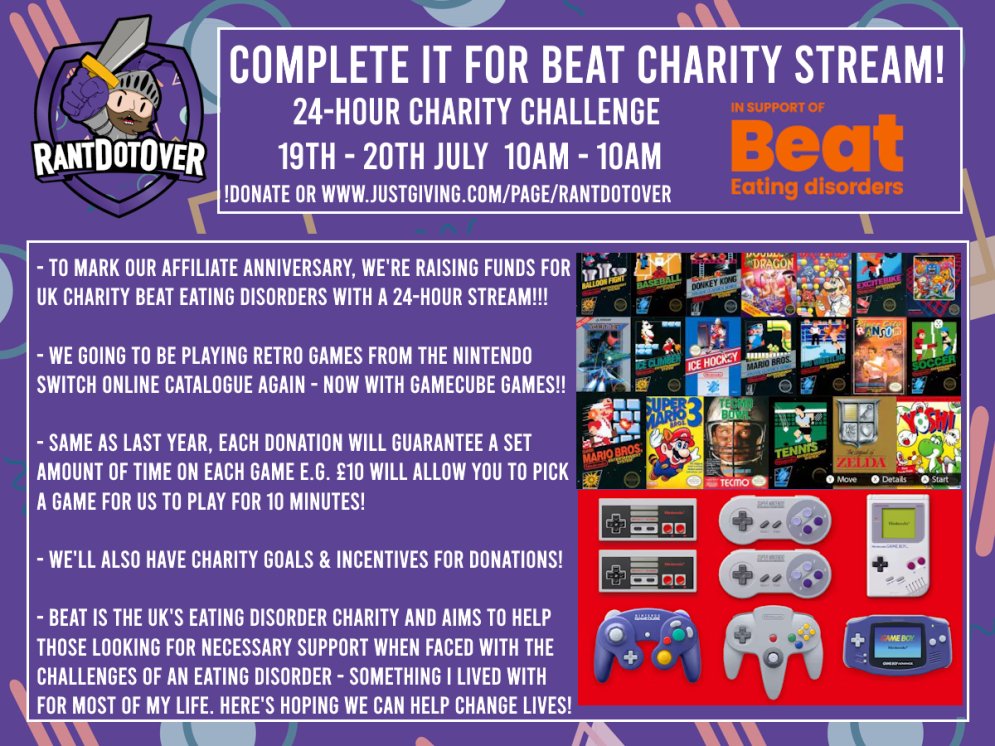 Mark your calendars - we're back on the 19th July for another  24-hour challenge stream to raise money for
<a href="/beatED/">Beat</a> - the UK's Eating Disorder charity🗓️ 

Your donations will decide the games we play on the day - all in efforts to raise a fantastic amount for a fantastic cause!💜