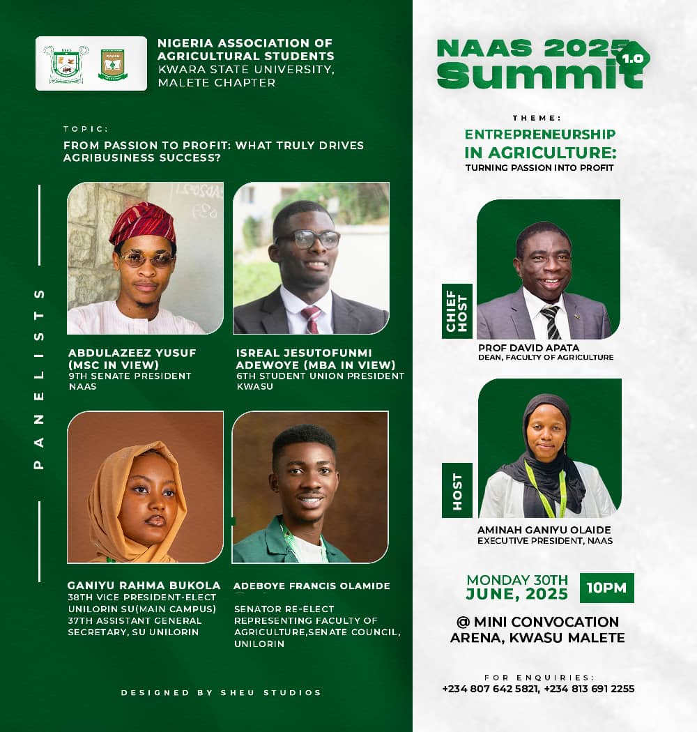 naaskwasu4u's tweet photo. #NAAS 2025 SUMMIT 1.0

Join young leaders and inspiring voices as we engage in a panel discussion

“From Passion to Profit: What Truly Drives Agribusiness Success?”

From student leaders to rising names in agriculture, this is a space where real experience meets fresh ideas. https://t.co/1P41Ae2oi7