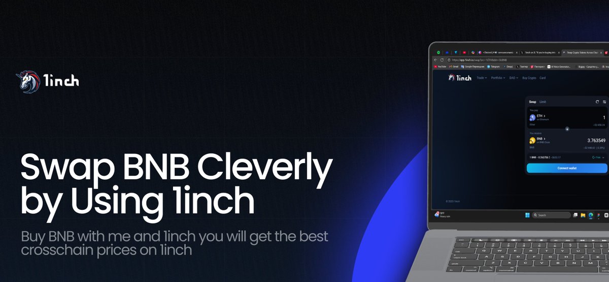 Swap BNB Cleverly by Using 1inch

Buy $BNB with me and <a href="/1inch/">1inch</a> you will get the best crosschain prices on 1inch.

Why is 1inch the best choice?
1inch finds the best rates on all the top DEXs and saves you money every time you swap. No hidden fees, no hassle - just favorable swaps,